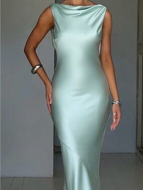 Sleek Green Satin Tie-Back Maxi Dress